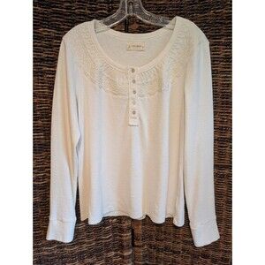 Lucky Brand Embroidered Henley Long Sleeve Tee Shirt Women's XL Cream Boho Top